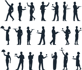Waiter and waitress silhouette vector, holding tray, serving drinks, standing pose, hospitality staff, restaurant scene, drink service, elegant style flat vector illustration