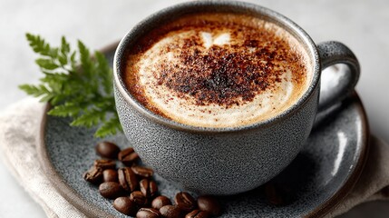 Delicious Cappuccino in Rustic Ceramic Cup with Coffee Beans and Green Garnish