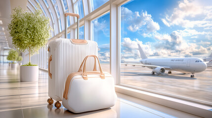 White suitcase, bag in airport terminal with plane in window. Travel and vacation luggage with view of airplane