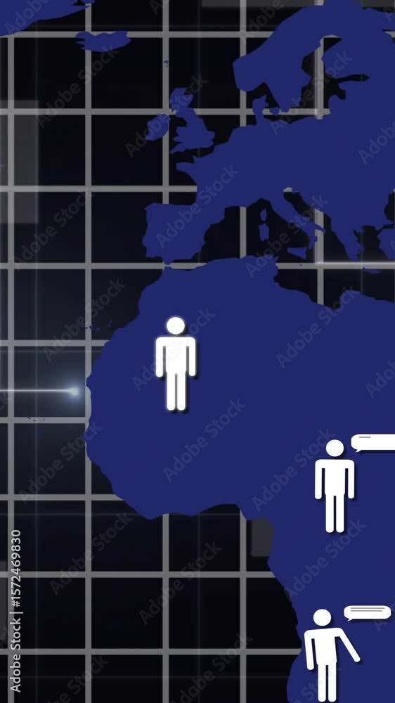 Poster animation of digital data processing and connections with ai chatbot icons over world map