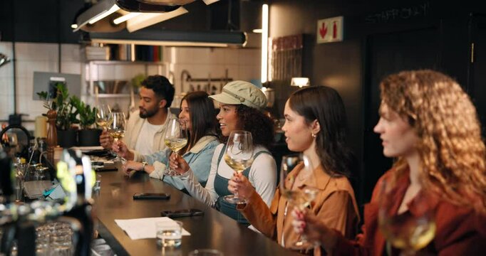 Women, group and swirl for wine tasting at bar, conversation and flavor test for social gathering. Man, girl and friends with glass, alcohol drinks and bonding with talk, relax or happy hour at pub
