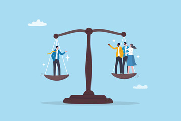 Full time or contractor decision, worker or employee equality, salary or wages pay check, responsibility, staff capability judgement, efficiency concept, business people balance on scale.