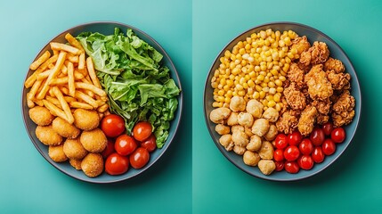 Visually Dramatic Split Screen of Fast Food and Fresh Ingredients on Vibrant Background