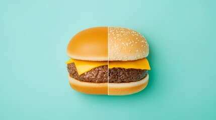 Visually Dramatic Split Screen of Fast Food Burger with Cheese on Mint Background