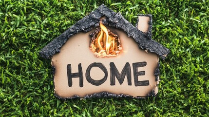Home Fire Concept. Paper House Shape with HOME Text in Flames on Green Grass Background.