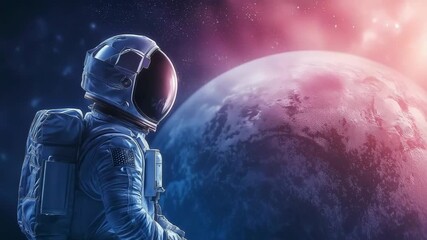 A man in a space suit is standing on a planet. The planet is surrounded by a bright blue sky and a purple and pink background. Concept of adventure and exploration