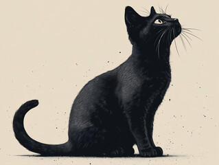 A flat profile view silhouette of a black cat with an arched back and raised tail. Hand draw sketch illustration isolated on white background