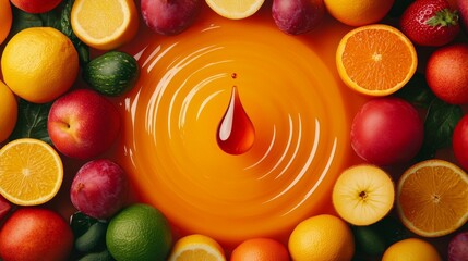 Vivid Water Droplet Cascading Over Colorful Fruits and Juicy Citrus Surroundings