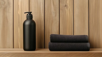 Artistic Shot of Water Bottle and Towel on Wooden Shelf with Natural Background