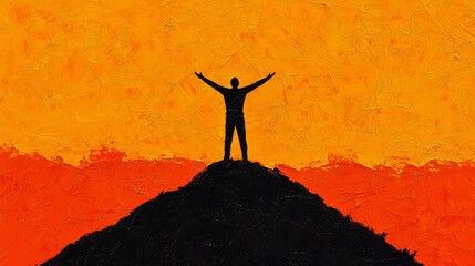 Empowering Person Standing on Mountain with Outstretched Arms at Sunset