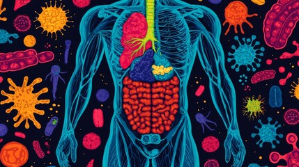 Detailed of the Gut Microbiome with Vibrant Colors and Dynamic Elements