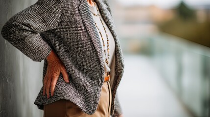 Senior woman holding her hip while standing, showing joint pain.