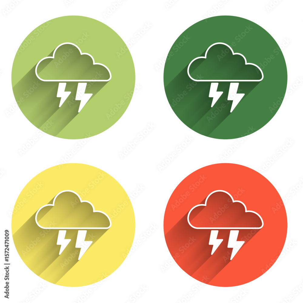 Aufkleber set storm icon isolated with long shadow background. cloud and lightning sign. weather icon of storm