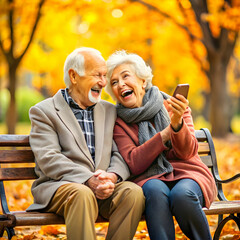 elderly couple laughing at park bench autumn lea