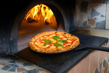 Wood Fired Neapolitan Pizza Topped with Fresh Basil for Traditional Italian Culinary Presentation