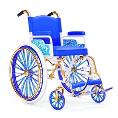 Fototapeta premium Elegant Blue and Gold Wheelchair on White Background, Medical Equipment
