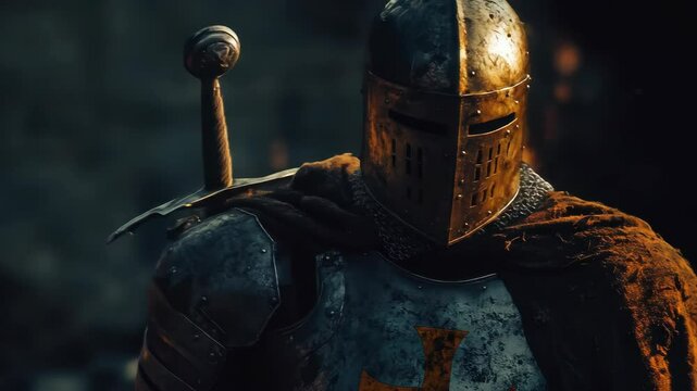 An armored knight stands ready for battle, illuminated by firelight. The crusader is a symbol of bravery and a warrior from a bygone era.