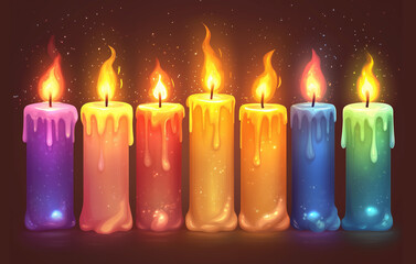 A set multi colored candles with flickering flames. Painting realistic style illustration isolated on brown background