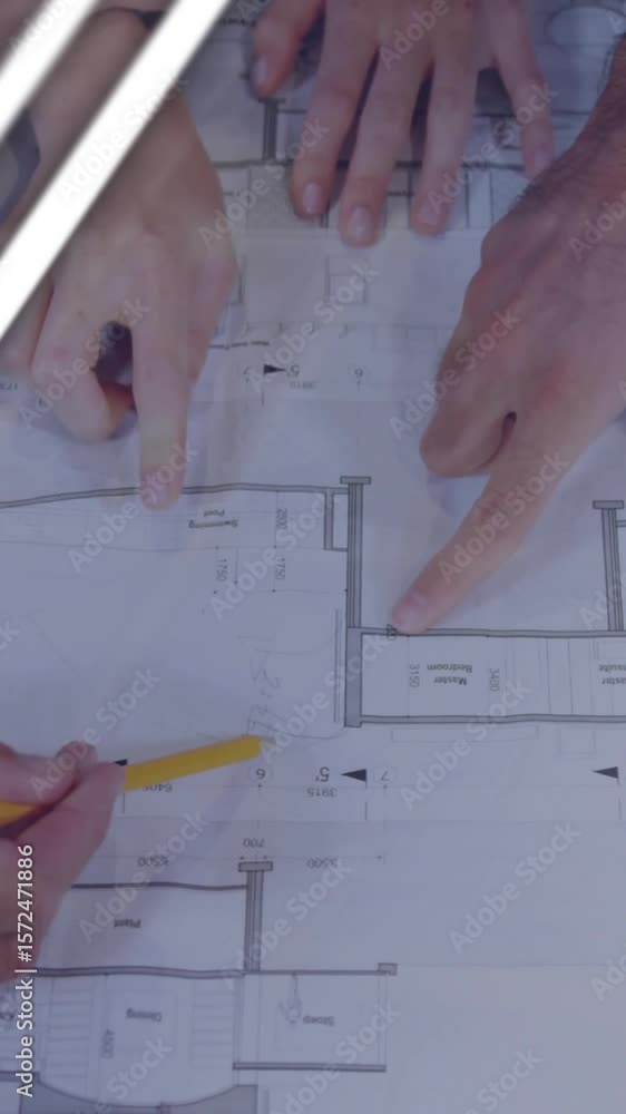 Poster animation of financial data processing over hands of diverse colleagues taking notes on blueprint
