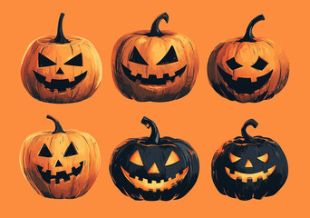 A set of pumpkins faces with simple, geometric shapes for eyes, noses, and mouths and different emotions. Hand draw sketch illustration isolated on orange background