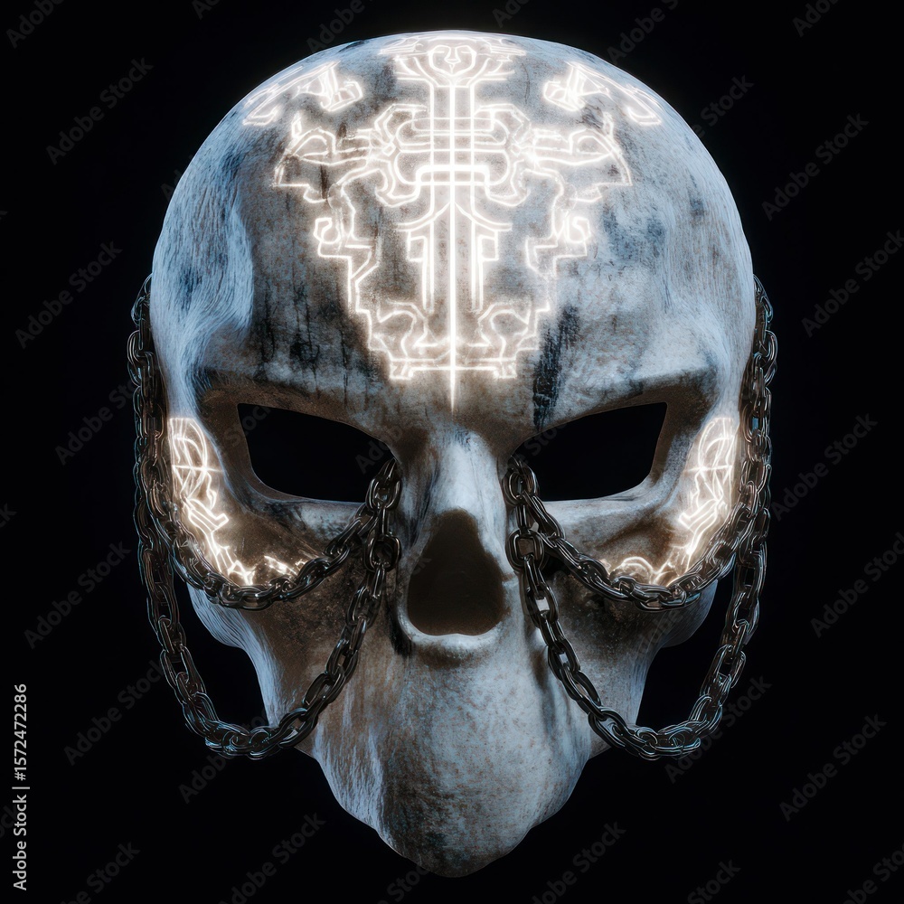 Aufkleber intricate skull mask design with glowing patterns and chains against a dark backdrop