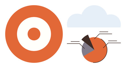 Orange target symbol next to pie chart with cloud overhead, illustrating analytics, strategy, focus, tracking, insight, goal setting, and performance measurement. A concise simple flat metaphor