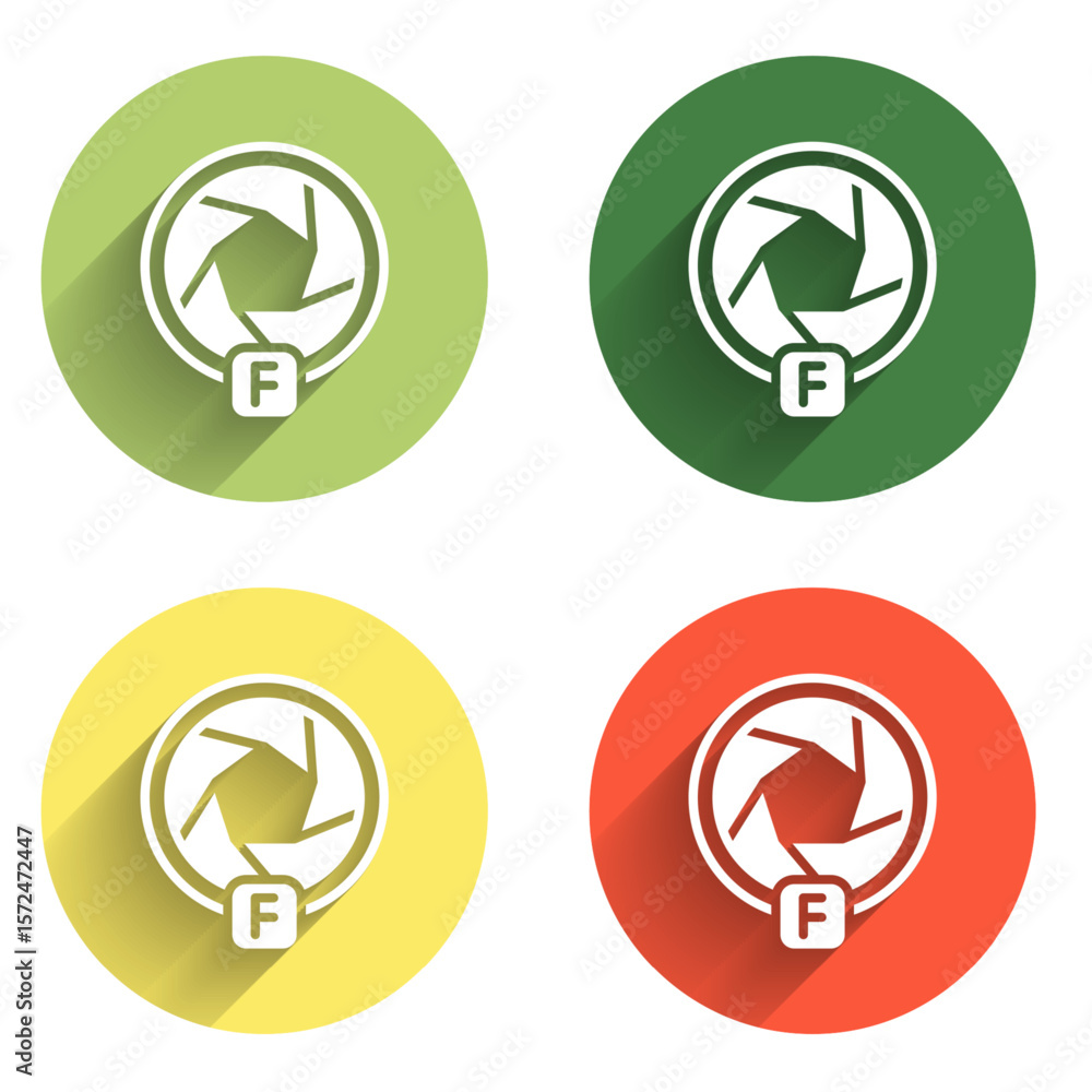 Poster set camera shutter icon isolated with long shadow background. color circle button. vector