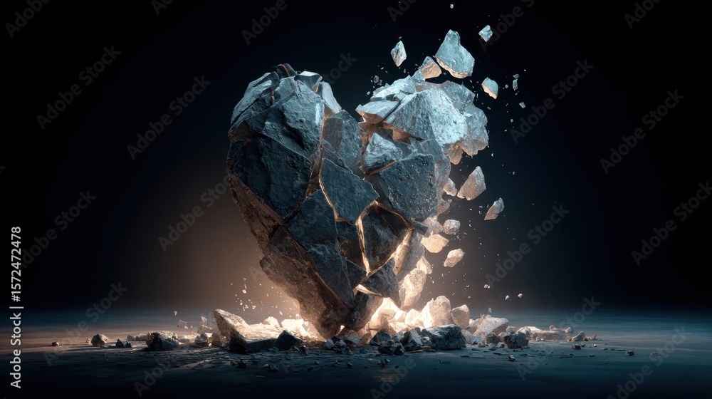 Poster an artistic representation of a stone heart fracturing into fragments illuminated by dim ambient lig