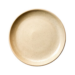A single speckled beige ceramic plate isolated on transparent background