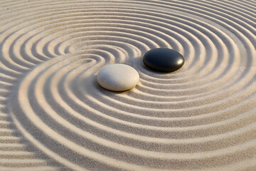 Zen Garden Harmony with Yin Yang Stones in Sand for Peaceful Balance and Spiritual Calm Concept