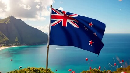 New Zealand flag proudly waving with a beautiful coastal landscape, representing Waitangi day and national pride footage. - Powered by Adobe