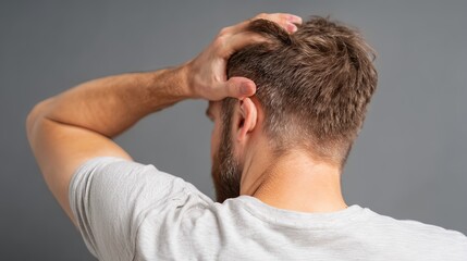 Side view of man pointing to the back of his head in discomfort.