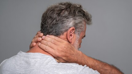 Side view of man rubbing his sore neck after sleeping in a bad position.