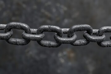 Obraz premium A chain link is shown in a black and gray color. Closeup diagonal chain a blockchain concept gray.