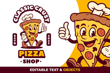 Pizza Retro Mascot Logo for Pizza Shop and Cafe. Cartoon Character Vector Illustration in Vintage Style