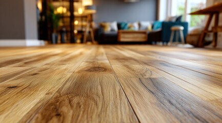 Un parquet en bois de chêne naturel dans un élégant salon avec meubles flous en arrière-plan, image avec espace pour texte.