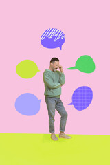 Vertical 3d poster art collage of happy girl guy stand bubble communication chatterbox speech...