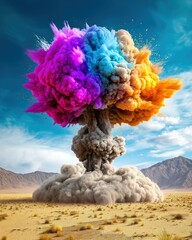 Un nuage en forme de champignon atomique avec une projection de fumée et de débris colorés, donnant l'illusion d'une explosion nucléaire dans un paysage désertique, ciel bleu en arrière-plan.