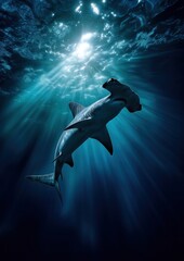 Un requin-marteau, vue de dessous avec la lumière du soleil traversant la surface de l'eau, scène apaisante par la beauté naturelle du prédateur des océans, image avec espace pour texte.