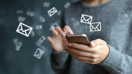 Young Woman With Wavy Hair In Gray Sweater Using Smartphone With Orange Email Icons Bokeh