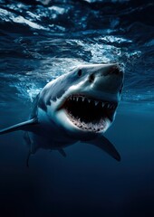 Un grand requin blanc avec la gueule ouverte nageant sous la surface de l'océan, attitude menaçante, attaque imminente.