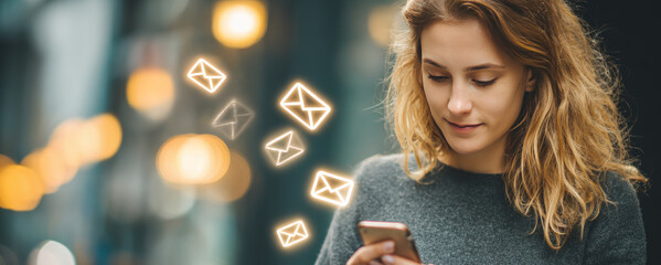 Attractive Blonde Woman In Gray Sweater Using Smartphone With Golden Email Icons On Urban Street