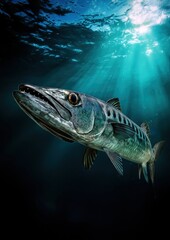 Un poisson barracuda, vue en gros plan, nageant dans l'océan avec la lumière du soleil traversant la surface de l'eau, scène captivante par la beauté naturelle du prédateur marin.