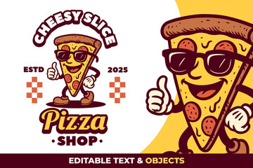 Pizza Retro Mascot Logo for Pizza Shop and Cafe. Cartoon Character Vector Illustration in Vintage Style