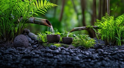 De l'eau coulant de tiges de bambou dans deux petits pots en pierre posés au sol, entourés de plantes vertes et de galets noirs, arrière-plan luxuriant et baigné d'une lumière douce.