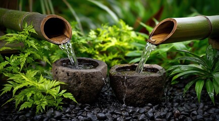 De l'eau s'écoulant de tiges de bambou dans deux petits pots en pierre posés au sol, entourés de végétation et de galets noirs, arrière-plan luxuriant et baigné d'une lumière douce, vue en gros plan.