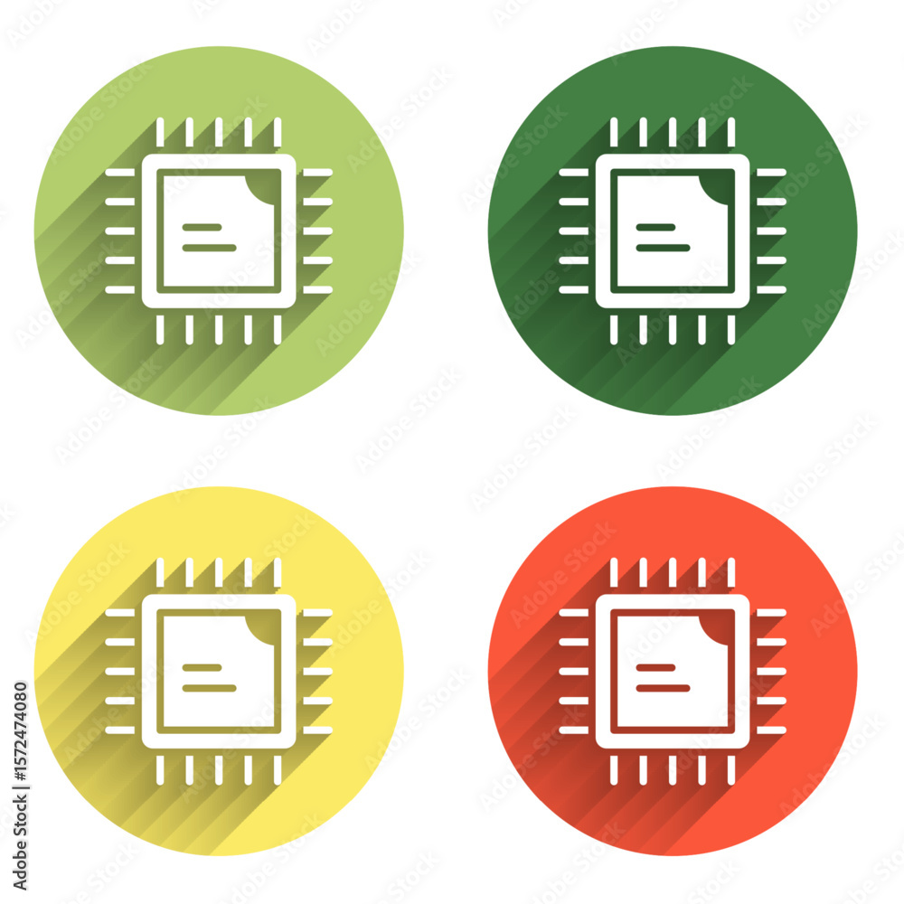Aufkleber Set Computer processor with microcircuits CPU icon isolated with long shadow background. Chip or cpu with circuit board. Micro processor. Color circle button. Vector