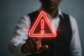 Cyber Security Warning: Businessman Taps Glowing Red Alert Icon, Online Threat Detection, Digital Risk Management, Security Protocol Activation, Urgent Notification Illustration