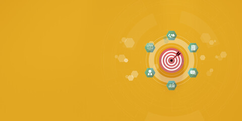 Business target strategy concept with dartboard at center surrounded by business icons such as analytics, checklist, communication, and teamwork on yellow technology background.