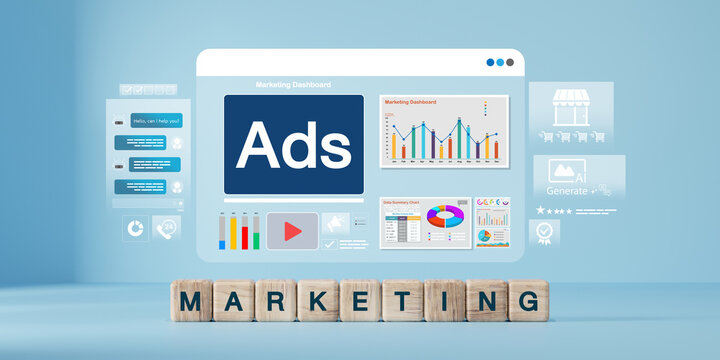 Digital marketing dashboard with ads, chatbot, charts, AI tools, e-commerce, and analytics interface. Concept of online advertising, automation, and customer engagement.